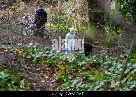 Police and forensic officers at Kersal Dale, near Salford, Greater Manchester, where a major investigation has been launched after human remains were found on Thursday evening. Greater Manchester Police (GMP) said officers were called by a member of the public who found an 'unknown item wrapped in plastic'. Picture date: Friday April 5, 2024. Stock Photo