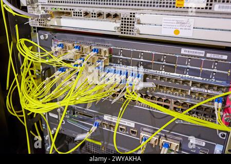 fiber optic connections, Data Processing Center, Department of Computer Servers in raks, Hospital Donostia, San Sebastian, Gipuzkoa, Basque Country, Spain. Stock Photo