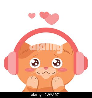 Cute red tabby cat in headphones. Cat listening to music with love. Cute cartoon character. Vector illustration Stock Vector