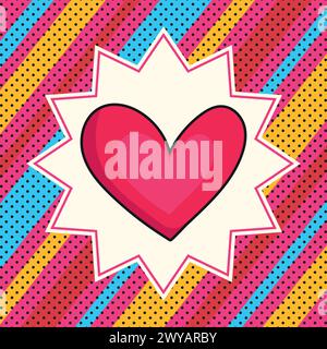 Retro pop art style bright background with a heart symbol. Red heart, stripes and dots. Vector illustration Stock Vector