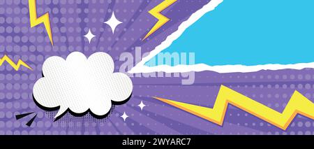 Pop art bright banner with speech bubble and torn paper. Comic background with dots, stripes, stars and lightning symbols. Vector illustration Stock Vector