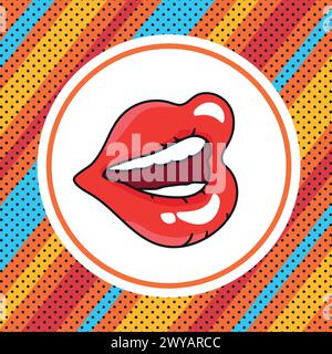 Retro pop art style bright background with speaking female lips. Red woman lips, stripes and dots. Vector illustration Stock Vector