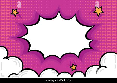Comic background with speech bubble in pop art style. Dynamic art decorated with stars and clouds. Vector illustration Stock Vector