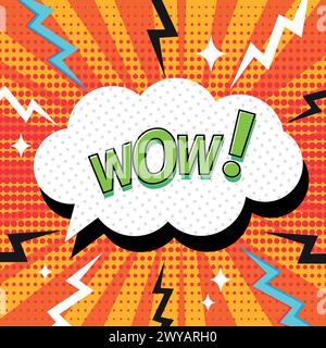 Comic cloud speech bubble with text Wow in pop art style. Bright background decorated with dots, stars and lightning. Flat style. Vector illustration Stock Vector