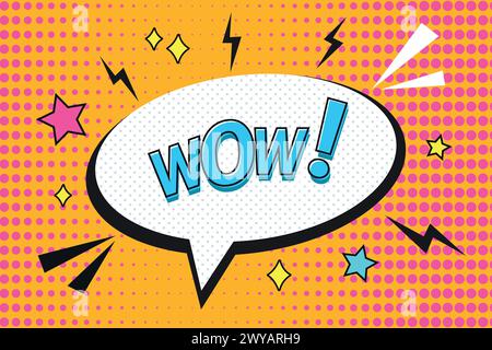 Comic speech bubble with text Wow in pop art style. Bright background decorated with dots, stars and zigzags. Flat style. Vector illustration Stock Vector