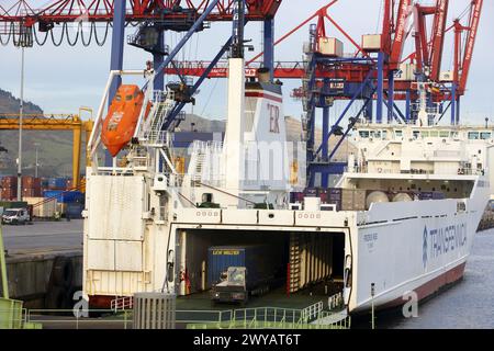 Cargo ship, Motorways of the Sea, RORO vessel with ramp. Port of Bilbao, Biscay, Basque Country, Spain. Stock Photo