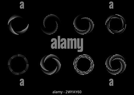 Set black thick halftone dashed speed lines. Design element for frame, logo, tattoo, web pages, prints, posters, template. Velocity lines in the shape Stock Vector