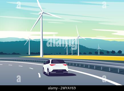 Vector illustration of a car driving on the highway in the mouuntains along windmills farm Stock Vector