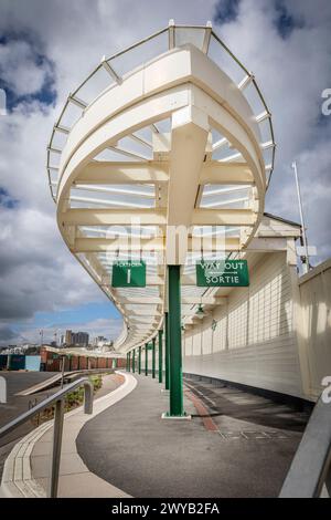 A wide angle shot of Folkestone’s Harbour Arm railway station. Stock Photo