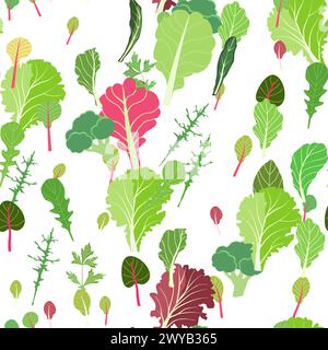 Mix of salad leaves. Cartoon set of green red raw leaves seamless pattern. Arugula, spinach, lettuce leaf, watercress. Organic vitamin ingredients for Stock Vector