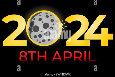 total eclipse, eclipse solar, total solar eclipse April 8 2024 vector illustration. Stock Vector