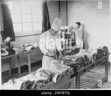 A worker at the meat processing factory, prepares sausages at the work ...