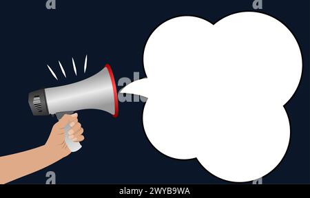 Girl Hand holding megaphone with speech bubble on blue shade background banner poster. For exclusive discounts and special offers. For women's interna Stock Vector
