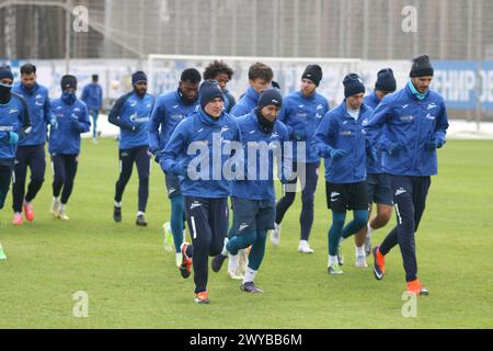 Saint Petersburg, Russia. 05th Apr, 2024. Zenit football club players warm up during an open training session at the Zenit FC training base before the Zenit Saint Petersburg - Baltika Kaliningrad region football match, which will be held in Saint Petersburg, Russia. (Photo by Maksim Konstantinov/SOPA Images/Sipa USA) Credit: Sipa USA/Alamy Live News Stock Photo