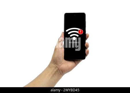 Cellular Problems Concepts. Man hand holding Smart phone with No Service icon on screen isolated on white background. All screen graphics are made up. Stock Photo
