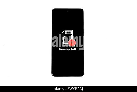 Cellular Problems Concepts. Smart phone with full storage icon on screen isolated on white background. All screen graphics are made up. Stock Photo