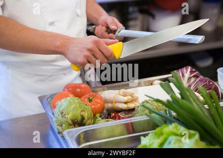 Sharpening knives. Luis Irizar cooking school. Donostia, Gipuzkoa, Basque Country, Spain. Stock Photo