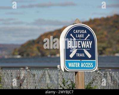 cayuga lake blueway trail water access sign in public park (finger lakes region of upstate new york) travel, tourism, ny state (ithaca hiking path nea Stock Photo