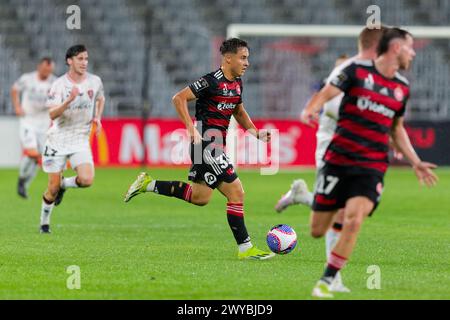 Sydney, Australia. 05th Apr, 2024. Aidan Simmons of the Wanderers controls the ball during the A-League Men Rd23 match between the Wanderers and Brisbane Roar at CommBank Stadium on April 5, 2024 in Sydney, Australia Credit: IOIO IMAGES/Alamy Live News Stock Photo