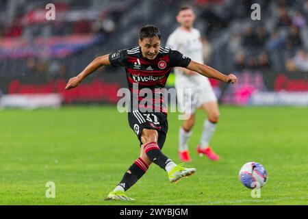 Sydney, Australia. 05th Apr, 2024. Aidan Simmons of the Wanderers kicks the ball during the A-League Men Rd23 match between the Wanderers and Brisbane Roar at CommBank Stadium on April 5, 2024 in Sydney, Australia Credit: IOIO IMAGES/Alamy Live News Stock Photo