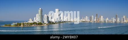 Cartagena, Colombia - 24 January 2024: Panoramic view of new apartments on the waterfront around the city's bay Stock Photo