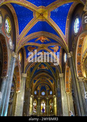 Main nave and the decorated vaulted ceiling in the Basilica di Santa Maria sopra Minerva - Rome, Italy Stock Photo