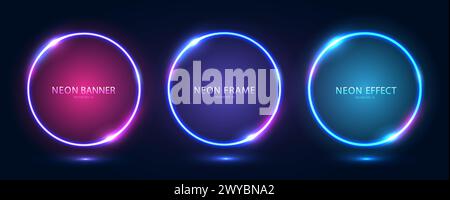 A set of three round neon frames with shining effects and highlights on a dark blue background. Stock Vector