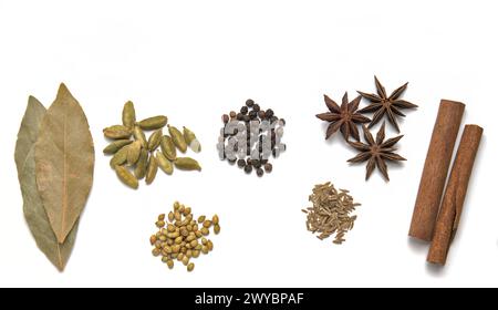assorted spices isolated on a white background including bay leaves, cardamom pods, coriander seeds, cumin, star anise, cinnamon sticks, black pepperc Stock Photo