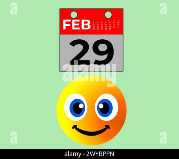 One extra day in leap year 29 February calendar. happy emoticon, green background, happy leap day, leap year, date, time, extra Stock Vector