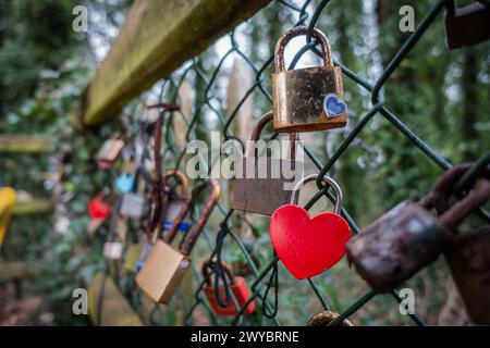 A fence with many locks and a heart on it. The heart is red and is attached to a chain Stock Photo