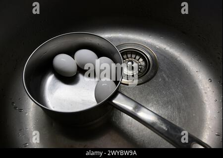 boiled chicken eggs in a metal pot in the kitchen sink Stock Photo