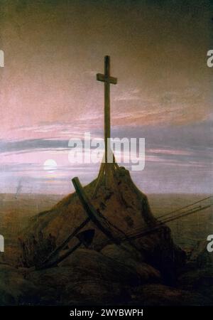 The Cross Beside The Baltic (1815), 45 × 33.5 cm. Schloss Charlottenburg, Berlin. This painting marked a move away from depictions in broad daylight, to return to nocturnal scenes, twilight and a deeper poignancy of mood.[91] Caspar David Friedrich Stock Photo