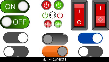 A collection of versatile On Off icons, Power icons, and a Switch icon in isolated vector illustrations, available in EPS format. Stock Vector