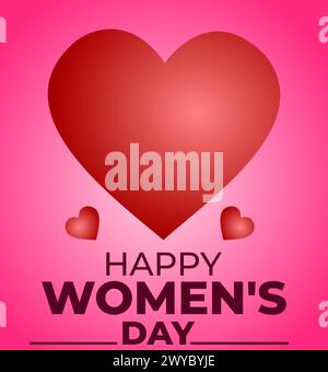 3D Red Heart in the Center of Gradient . Flanked by Smaller Hearts. Happy Womens Day Text Below. Happy womens day, international women day, poster, he Stock Vector