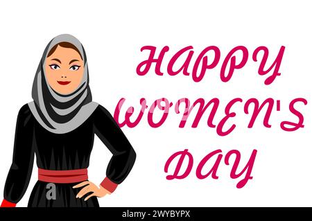 Happy women's Day a Muslim girl with Happy women's day text isolated on white background. Happy Women day Arabic, international woman day. Stock Vector