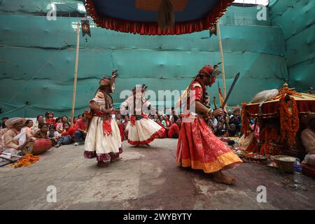 RUDRAYANI NAACH IN KATHMANDU AFTER GAP OF 12 YEARS Nepali masked dancers in the form of Hindu deities perform dance at the Nasal Chowk in the Kathmandu Durbar Square, a UNESCO World Heritage Site of Nepal as a part of Rudrayani Devi Naach held in gap of 12 years in Kathmandu on 5 April, 2024. Masked dancers from the ancient city of Khokana in Lalitpur District travel to Kathmandu once in 12 years to showcase the dance as part of the continued tradition in the Himalayan Nation. Copyright: xSubashxShresthax Stock Photo