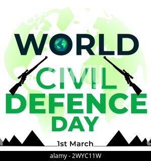 Vector illustration of World Civil Defense Day 1st march. Banner Poster, Earth, sniper gun, For social media post, Instagram post, For print. Stock Vector