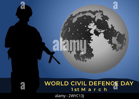Night Sentinel Soldier Silhouette with Gun beside the Grand Crescent Moon Honoring World Civil Defense Day. For Social Media Perfect for Banner images Stock Vector