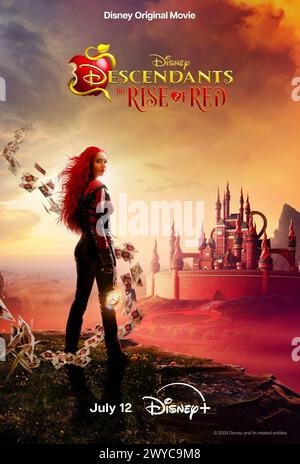 Descendants: The Rise of Red (2024) directed by Jennifer Phang and starring Rita Ora, China Anne McClain and Jeremy Swift. Red, daughter of the Queen of Hearts, and Chloe, daughter of Cinderella and King Charming, team up to travel in time with the White Rabbit's pocketwatch and prevent a catastrophic coup on Auradon. US one sheet poster.***EDITORIAL USE ONLY*** Credit: BFA / Disney+ Stock Photo