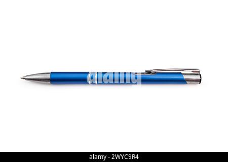 Used metallic blue ball point pen, isolated on white background,, close up Stock Photo