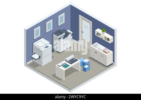 Isometric Printing services, Printing house industry. Print, copy, scan, fax. For office documents, presentations and marketing. Office copier center Stock Vector