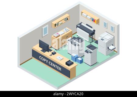 Isometric Printing services, Printing house industry. Print, copy, scan, fax. For office documents, presentations and marketing. Office copier center Stock Vector