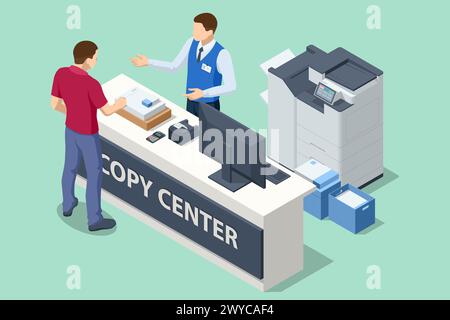 Isometric Printing services, Printing house industry. Print, copy, scan, fax. For office documents, presentations and marketing. Office copier center. Stock Vector