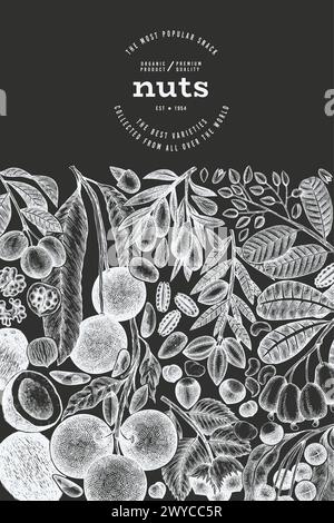Hand Drawn Nuts Branch And Kernels  Template. Organic Seed Vector Design. Retro Chalk Board Nut Illustration. Stock Vector
