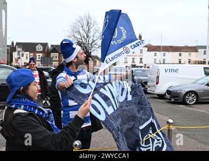 Kingsholm Stadium, Gloucester, Gloucestershire, UK. 5th Apr, 2024. European Challenge Cup Rugby, Gloucester versus Castres Olympique; Castres fans welcome their team Credit: Action Plus Sports/Alamy Live News Stock Photo