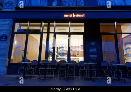 Paris, France-March 16, 2024 : Traditional French bakery and pastry shop Merci Jerome located near bridge Pont Neuf in the 1st district of Paris. Stock Photo