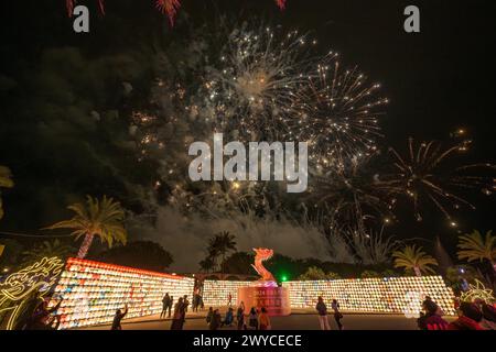Spectacular fireworks display above a sea of lighted lanterns with a crowd of onlookers Stock Photo