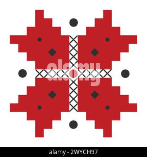 Ukrainian embroidery in black and red colors, folk ornament of flower with four petals and cross Stock Vector