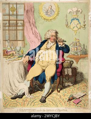 A Voluptuary Under the Horrors of Digestion.   James Gillray, published by Hannah Humphrey.  2 July 1792. Hand-colored etching. Stock Photo