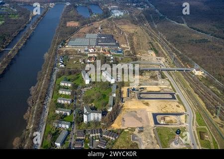 Aerial view, construction site for planned Duisburg residential quarter at the former Wedau marshalling yard, at the Sechs-Seen-Platte, sports field, Stock Photo